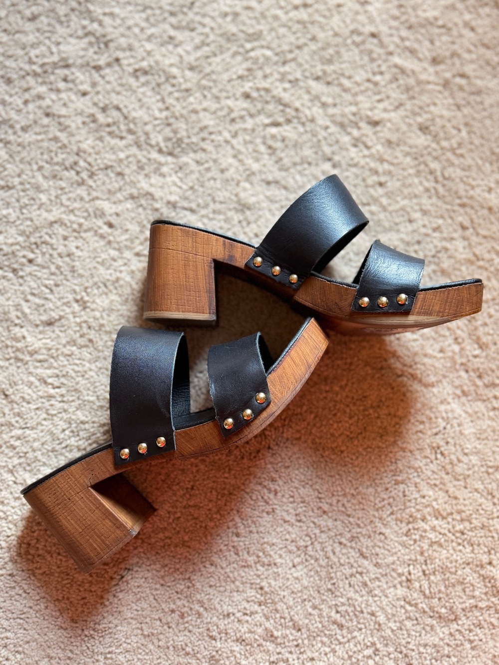 TOPSHOP Black Leather Block Heel Slide Sandals EU 37 US 6